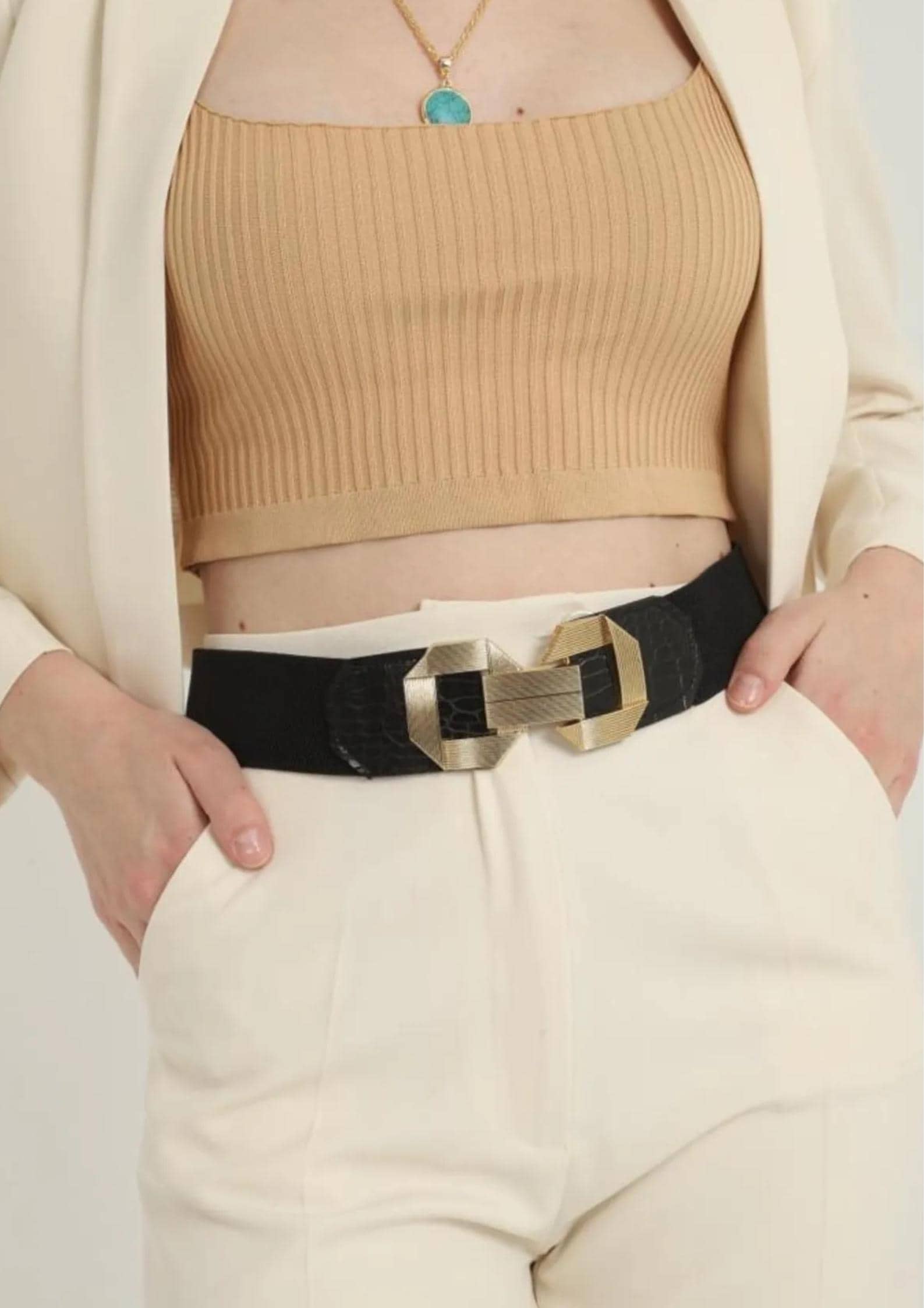 Gold Buckle Beige Elastic Waist Belt - Women\'s Accessory Wide Elastic Belts for Women Stretch Ladies Waist Belt with  main image 3