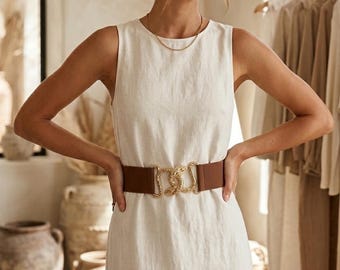 Women's Wide Elastic Belt with Gold Snake Buckle – Stretchy Fashion Waist Belt