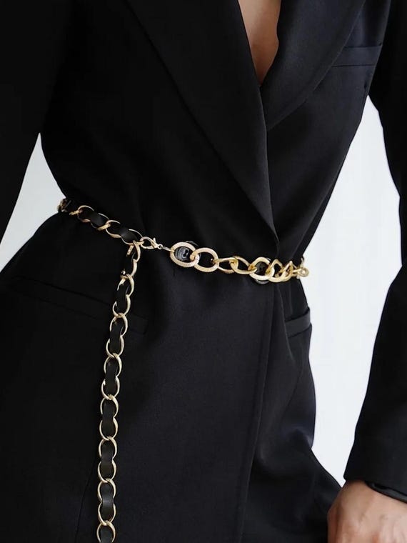 Gold and Black Chain-Link Fashion Belt Vintage Black Leather Belt With Gold Chain Link - Elegant  main image 2