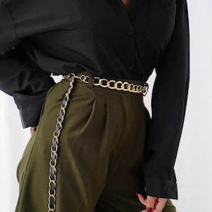 Black and gold belt, Trendy belt for women, Chain belt for dresses, High-waisted chain belt, Versatile gold chain accessory, Stylish belt