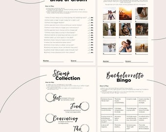 May include: Four printable bridal shower games: Shoe Game Bride or Groom, Where Were They, Stamp Collection, and Bachelorette Bingo. The games are printed on white paper with black text.