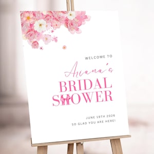 Hot Pink Bridal Shower Welcome Sign Template, Floral Boho Bridal Brunch Sign, Printable Elegant Magenta Fuchsia Rose Welcome Sign, Download