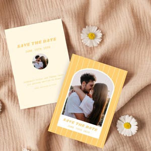 Tarjeta de invitación de boda con flores de color amarillo mantequilla, tarjeta de invitación boho con arco estético, elegante, amarillo claro pastel, lazo para guardar la fecha, guardar la fecha