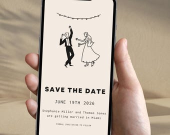 Szablon zaproszenia „Zapisz datę” | Cyfrowe zaproszenie ślubne | Edytowalne zaproszenie Canva, Ręcznie rysowane zaproszenie e-mail na WhatsApp, Urocza ilustracja na imprezę