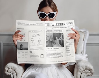 Klassische Zeitungs-Hochzeitstags-Vorlage, bearbeitbares Hochzeits-Zeitungspapier-Programm, druckbare Infografik, gefaltetes Hochzeits-Tag-Programm, Brautpaar