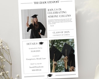 Graduation Newspaper Invitation Template, Class of 2026, Graduation Gift, Graduation Party Decorations Favors Grad Party, Invitations Canva
