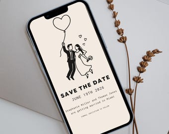 Modello di invito Save the Date stravagante / Invito di nozze digitale, invito Canva, invito e-mail Whatsapp disegnato a mano, illustrazione carina per feste