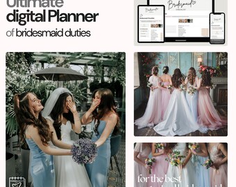 Może przedstawiać: Cyfrowy planer dla druhen z listą kontrolną obowiązków. Planer jest wyświetlany na ekranie komputera, na tle grupy druhen. Tekst "Ultimate digital Planner of bridesmaid duties" znajduje się w górnej części obrazu.