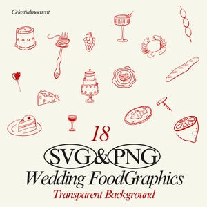 18 Hand Drawn Wedding Food Illustration Bundle Set, SVG PNG JPG, Icon Black & White, Clipart scribble, Weddings, invites, Line Art Icons