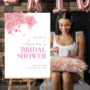 Hot Pink Bridal Shower Welcome Sign Template, Floral Boho Bridal Brunch Sign, Printable Elegant Magenta Fuchsia Rose Welcome Sign, Download