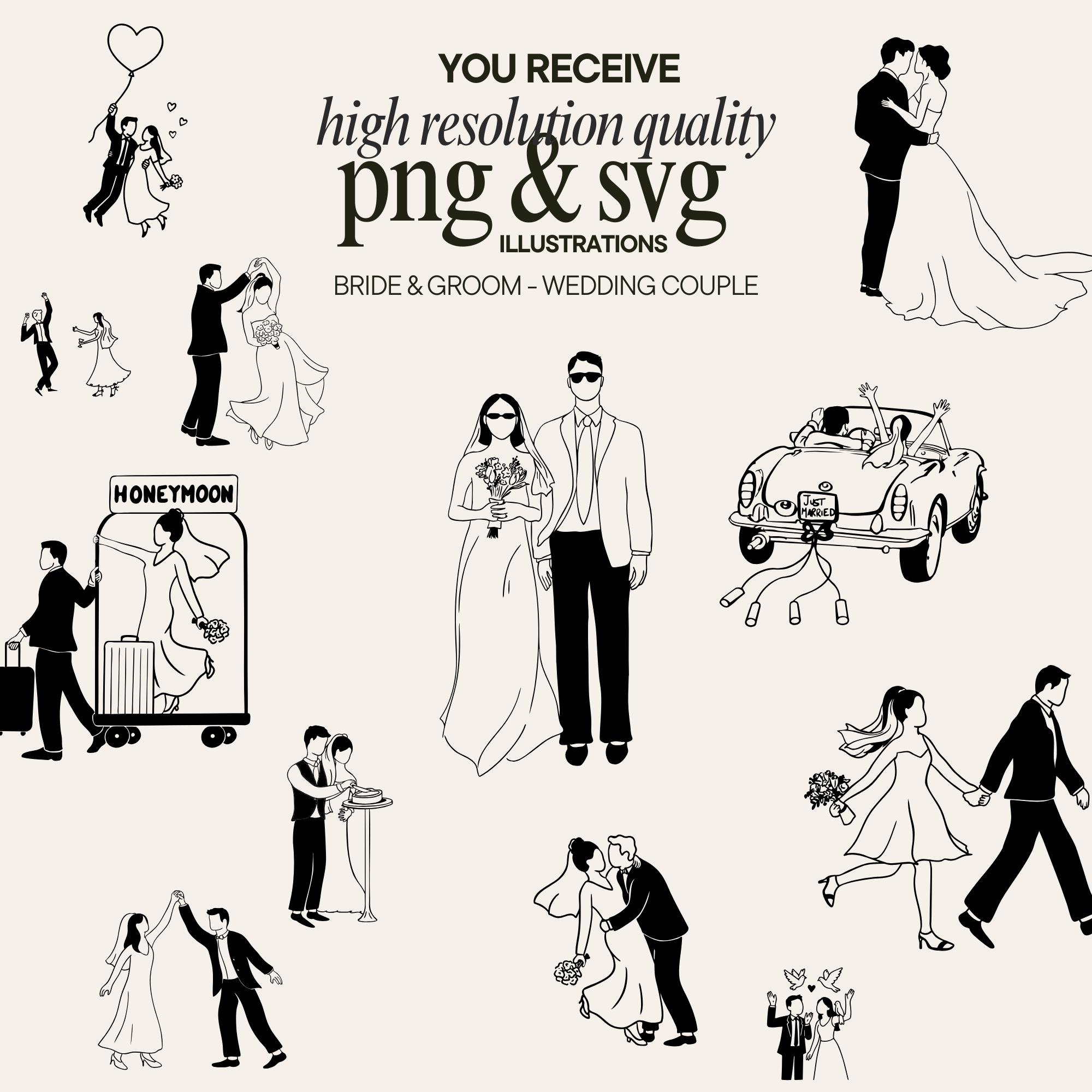 Hand Drawn Wedding Illustration Bundle: SVG, PNG, Bride & Groom Clipart ...