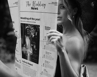 Klassische Zeitungs-Hochzeitstags-Vorlage, bearbeitbares Hochzeits-Zeitungspapier-Programm, druckbare Infografik, gefaltetes Hochzeits-Tag-Programm, Brautpaar