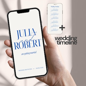 May include: A smartphone mockup with a wedding invitation on the screen. The invitation reads "Julia and Robert are getting married" with the date "09/25/2025". A second smartphone mockup shows a wedding timeline with a plus sign and the text "wedding timeline".