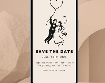 lustig Save the Date Evite Vorlage | Digitale Hochzeitseinladung, wunderliche Einladungskarte, handgezeichnete E-Mail-Whatsapp-Einladung, süße Party-Illustration