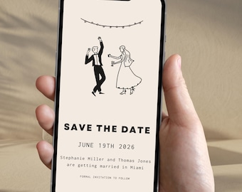 Skurril Save the Date Evite Vorlage Spaß Digitale Hochzeitseinladung Canva Einladen Hand gezeichnet E-Mail Whatsapp einladen Niedliche Party Illustration