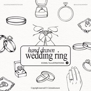 May include: Black and white line art illustrations of wedding rings in various styles, including solitaire, bands, and rings in boxes. The phrase "hand drawn wedding ring" is displayed in a rectangular frame, with the words "icons / illustrations" below.
