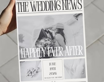 Może przedstawiać: Czarno-białe ogłoszenie ślubne w stylu gazety. Nagłówek brzmi "The Wedding News", a podtytuł "Happily Ever After". Ogłoszenie zawiera zdjęcie pary, datę ślubu i miejsce.