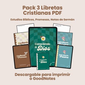 Puede incluir: Una descarga digital de tres plantillas de diario cristiano imprimibles. Las plantillas se titulan "Confiando en Promesas", "Conociendo a Dios" y "Profundizando la Palabra".