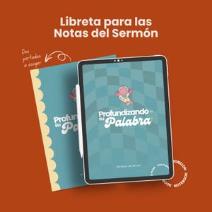 Puede incluir: Una libreta a cuadros azules y blancos con el texto "Profundizando en su Palabra" y "Mis Notas del Sermon". La libreta tiene un astronauta de dibujos animados en la portada.