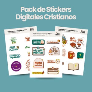 Puede incluir: Un conjunto de pegatinas digitales con ilustraciones y texto de temática cristiana en español. Las pegatinas incluyen frases como "Grac Bo", "Petición de Oración", "Afirmación biblica", "Hoy Oro por", "Meta espiritual", "Tiempo Devocional", "Lectura biblica", "Cafe y Biblia", y más. Las pegatinas están diseñadas en un estilo retro con colores brillantes y fuentes en negrita.