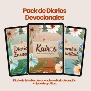 Puede incluir: Tres pantallas de tabletas digitales que muestran las portadas de tres diarios diferentes. Los diarios se titulan "Diario Encuentro", "Kaire's Cada Estación con Propósito" y "Momentos de Gratitud". Las portadas presentan diseños florales con un efecto acuarela.