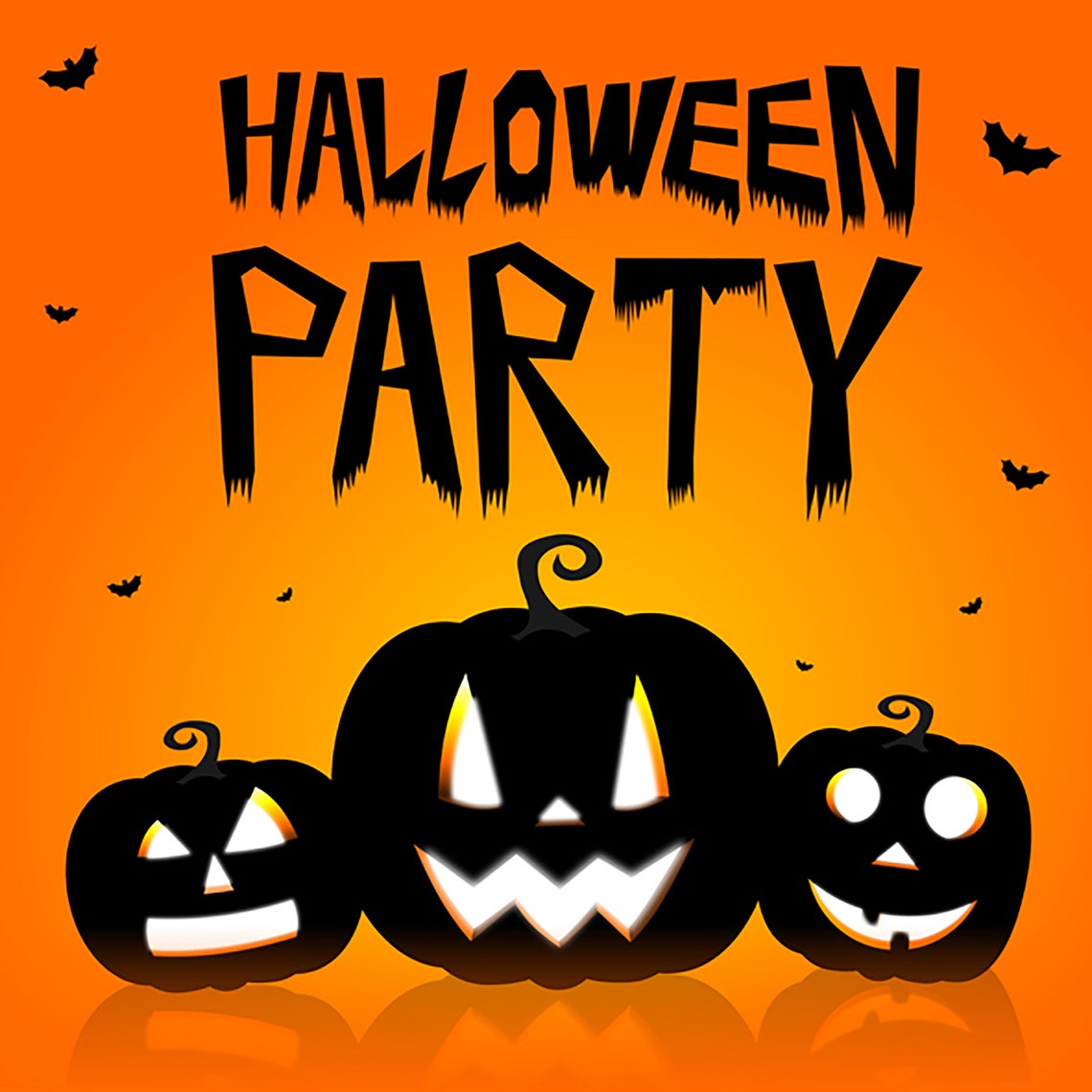 May include: Three carved pumpkins with glowing faces, against an orange background with the text "Halloween Party" in black.