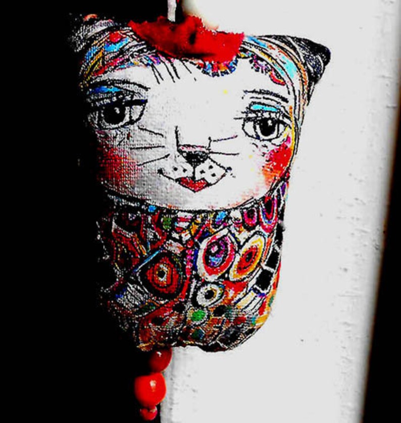 Original Art Cat Ornament Made painted and embrodered by hand OOAK by MILIAART studio