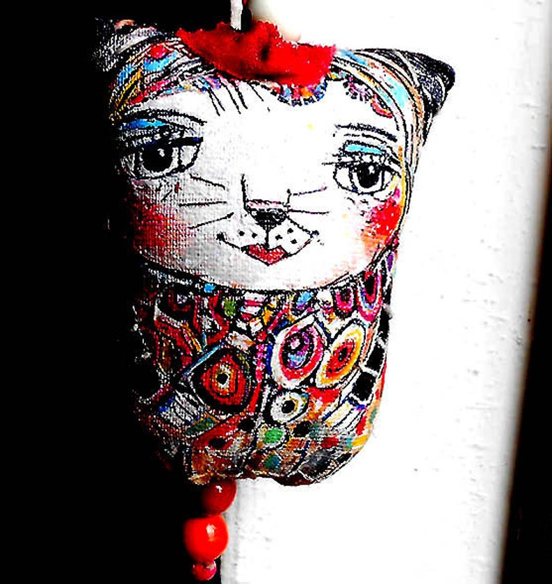 Original Art Cat Ornament Made painted and embrodered by hand OOAK by MILIAART studio