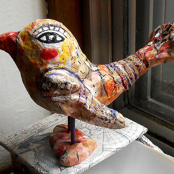 Art Sculpture Figurine Yello Bird paper mache decorated  with fabric collage and painted OOAK from miliaaer studio