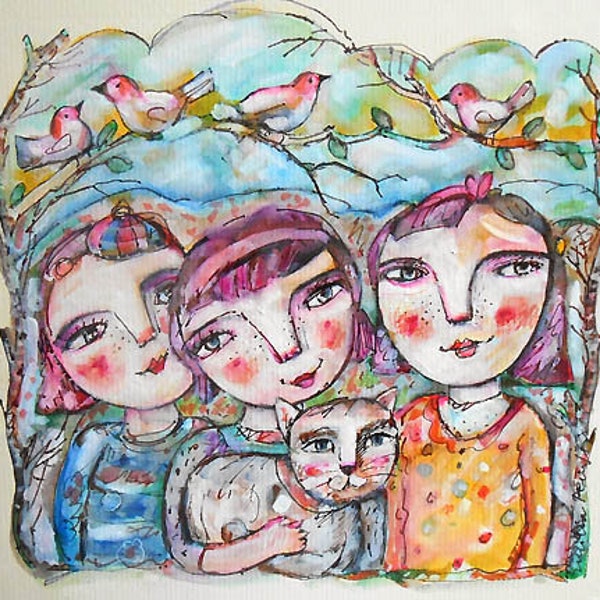 Original Painting Three little Sisters with Mitzy Cat  OOAK by miliaart studio