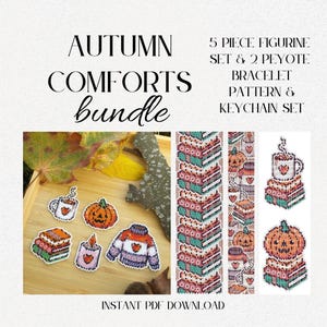 May include: An Autumn Comforts bundle featuring a 5-piece figurine set, 2 peyote bracelet patterns, and a keychain set. The designs include pixelated illustrations of a mug, pumpkin, stack of books, candle, and sweater in orange, green, and purple.