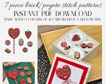 Valentine&#39;s Day Chocolate Box 7 Piece Brick Stitch & Peyote Stitch Bead Pattern Loveheart Lollipop Chocolate Strawberry Pralines Instant PDF