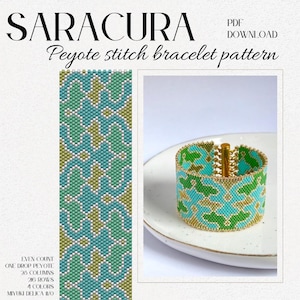 May include: A peyote stitch bracelet pattern featuring a geometric design with turquoise, green, and gold beads. The pattern is for a bracelet with 28 columns and 216 rows, using 4 colours of Miyuki Delica 11/0 beads.