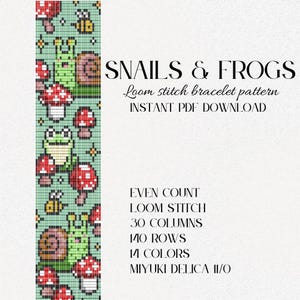 Op de afbeelding: Een kleurrijk loom-parelpatroon met slakken, kikkers, paddenstoelen en bijen. Het patroon is voor een armband en bevat instructies voor 30 kolommen, 140 rijen en 14 kleuren. Het patroon is voor gebruik met Miyuki Delica 11/0 kralen.