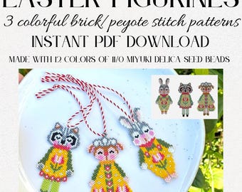 3 Piece Brick Stitch & Peyote Stitch Easter Figurines Decorations Ornament Colorful Bunny Sheep Raccoon Spring Design Instant PDF Download