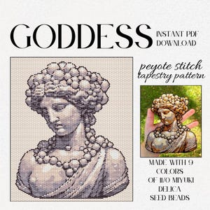 Op de afbeelding: Een digitaal PDF-tapijtpatroon met een klassieke godinnenbuste, weergegeven in grijstinten en wit. Het ontwerp is gemaakt met 9 kleuren 11/0 Miyuki Delica zaadkralen. Het woord "GODDESS" staat bovenaan.