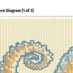 May include: A pattern diagram labeled "Pattern Diagram (1 of 3)". The diagram features a grid with numbers and letters, forming a design with teal, orange, and brown elements. The background is a light beige color.