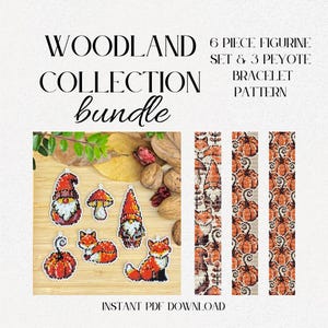 Peut inclure: L'image présente un ensemble "Woodland Collection". Il comprend six motifs de figurines perlées de gnomes, de champignons, de renards et de citrouilles, ainsi que trois motifs de bracelets Peyote. La palette de couleurs comprend des perles rouges, oranges et blanches. Le texte "Instant PDF Download" est également visible.