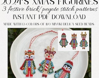 3 Piece Brick Stitch & Peyote Stitch Christmas Ornament Bead Pattern Set Holiday DIY Beading Tutorial Festive Ornament Design Instant PDF
