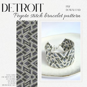 Könnte beinhalten: Ein Peyote-Stich-Armbandmuster mit einem geometrischen Design in Grautönen und Weiß. Das Muster ist für ein Armband, das 26 Spalten breit und 200 Reihen lang ist. Das Muster wird mit Miyuki Delica 11/0 Perlen hergestellt.