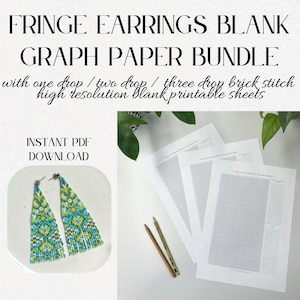 May include: Printable graph paper templates for creating fringe earrings. The templates are for one, two, and three drop brick stitch designs. The image shows three sheets of graph paper and a pair of turquoise and white beaded fringe earrings.
