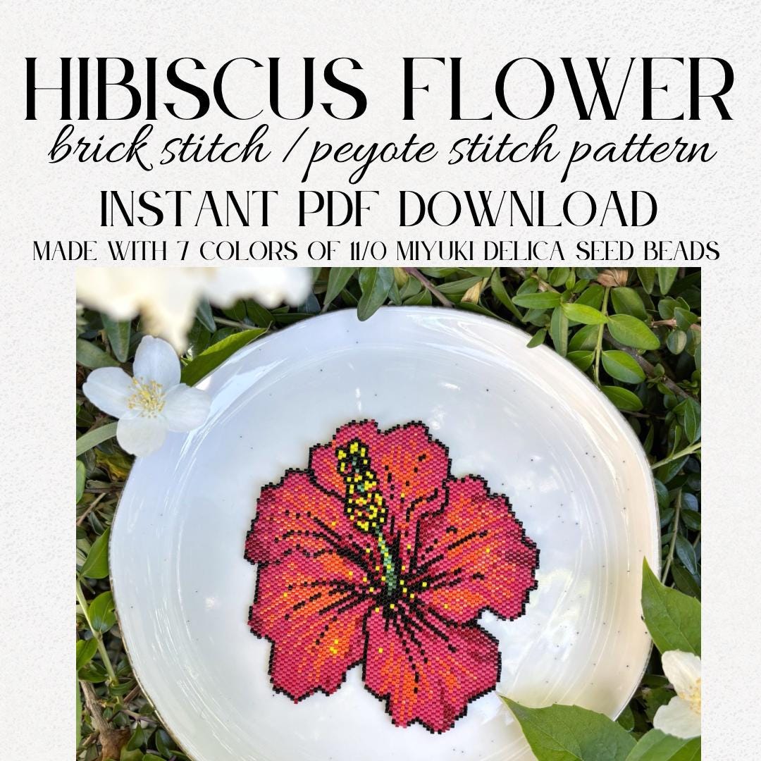 Tropical Hibiscus Flower Brick Stitch & Peyote Stitch Art Plant Lover Gift Boho Island Wall Decor Ornament Pattern Tutorial Instant PDF