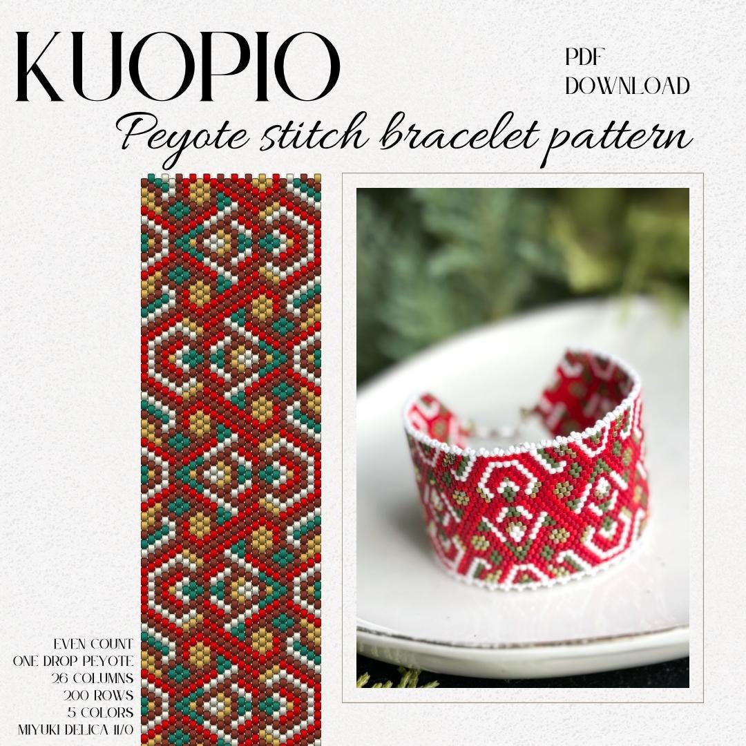 Christmas holiday red green white festive beaded bracelet pattern DIY jewelry project gift peyote stitch bracelet instant digital download