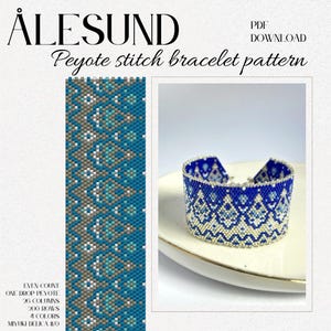 May include: A blue, white and grey peyote stitch bracelet pattern. The pattern is for an even count, one drop peyote stitch bracelet with 26 columns and 200 rows. The pattern is for use with Miyuki Delica 11/0 beads.