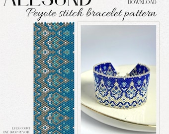 Digital Peyote Stitch Bracelet Pattern DIY Beading Tutorial Instant Download PDF Bead Weaving Geometric Icy Blue Silver Festive Wintery