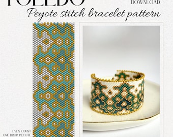 Peyote stitch geometric beaded gold bracelet pattern PDF download DIY beading tutorial jewelry design bead weaving Miyuki Delica Seed Beads