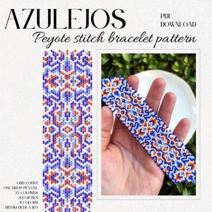 Può includere: Un modello PDF digitale per un braccialetto con punto Peyote. Il design presenta un motivo geometrico in perline blu, arancioni e bianche. Il testo "AZULEJOS" e "Peyote stitch bracelet pattern" sono visualizzati in alto. Il modello include dettagli come conteggio dispari, 25 colonne, 200 file e 4 colori.