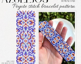 Geometric Peyote Stitch Mosaic Bracelet Pattern PDF Mediterranean Portuguese Tile Design Vibrant Summer Color Beading Chart Instant Download