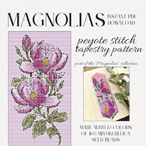 May include: A digital download of a peyote stitch tapestry pattern depicting magnolias. The design showcases pink and yellow flowers with green leaves, and the text "MAGNOLIAS" and "peyote stitch tapestry pattern". Part of the 'Magnolias' collection.