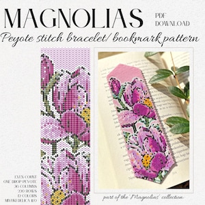 May include: A digital PDF pattern for a Peyote stitch bracelet and bookmark, featuring a floral design with pink and purple magnolias. The pattern includes 36 columns, 220 rows, and 12 colors, using Miyuki Delica 11/0 beads.